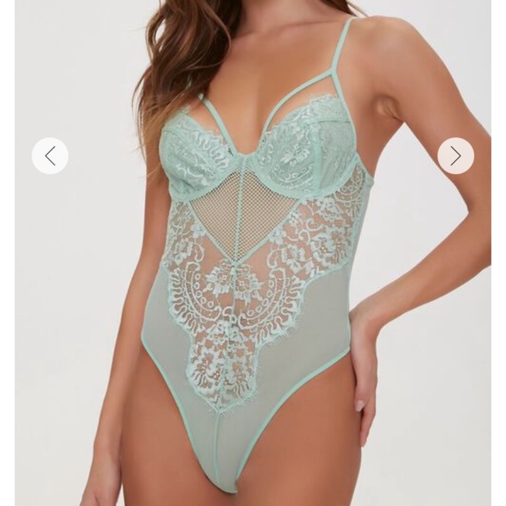 Small Mint Caged Floral Lace Bodysuit Forever21